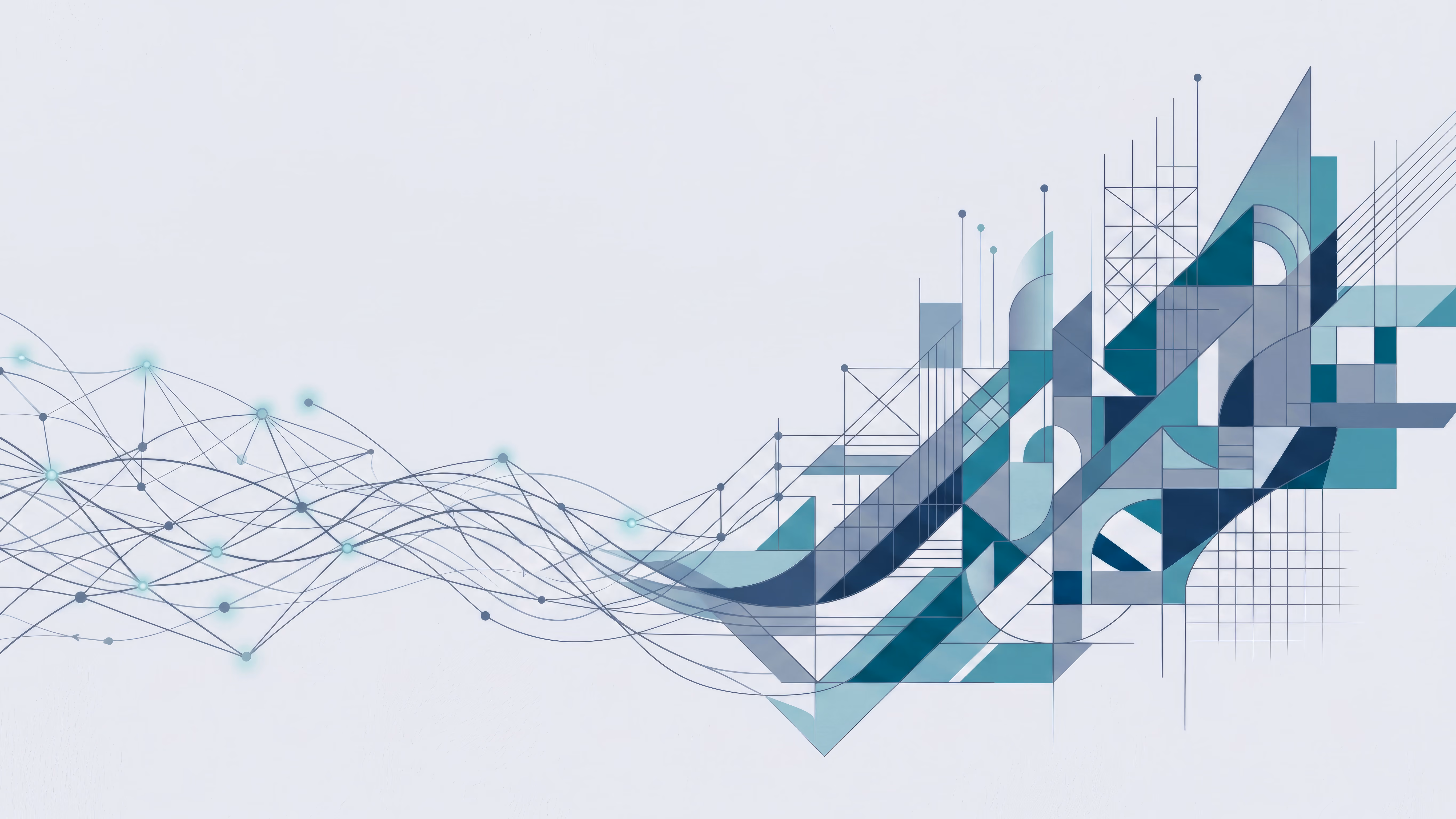 Abstract technology design with intersecting lines, dots, and geometric shapes in blue and teal tones.