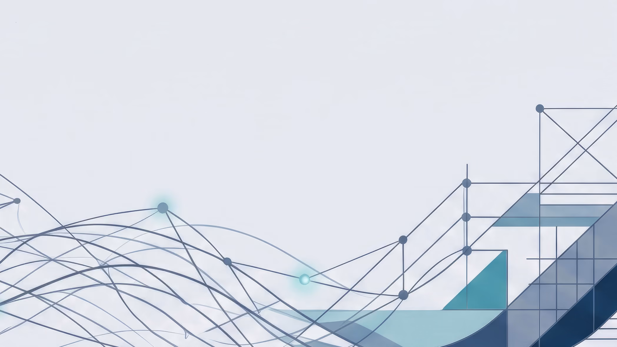 Abstract network of connecting lines and nodes with blue and teal geometric shapes on a light background.