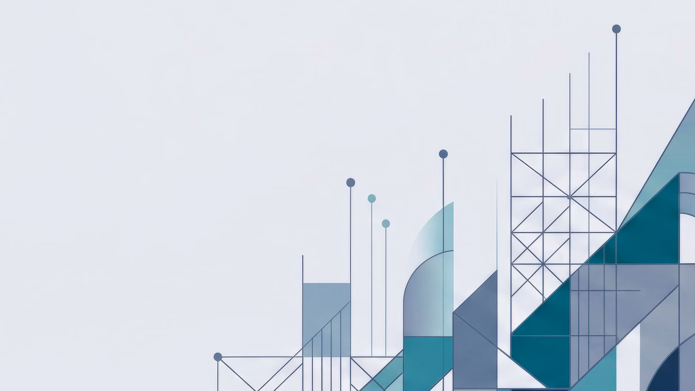 Abstract geometric design with blue, teal, and gray shapes and lines on a light background.
