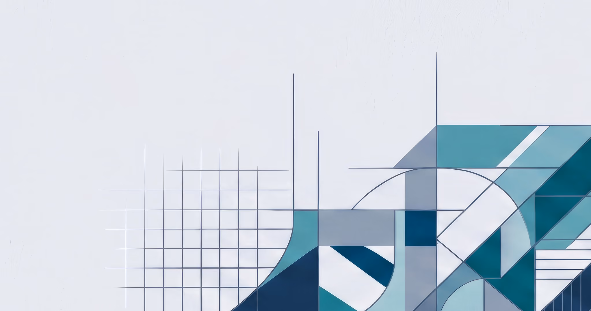 Abstract geometric pattern with blue, teal, gray shapes, lines, grids, and arcs on a white background.