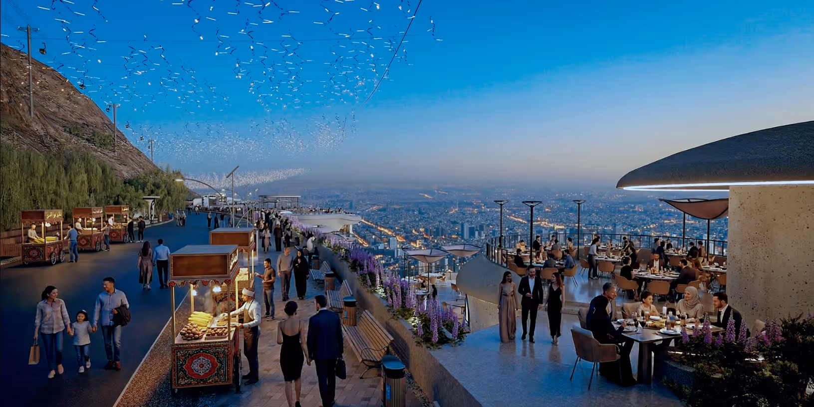 Design rendering of the Qassioun Walkway with evening lighting