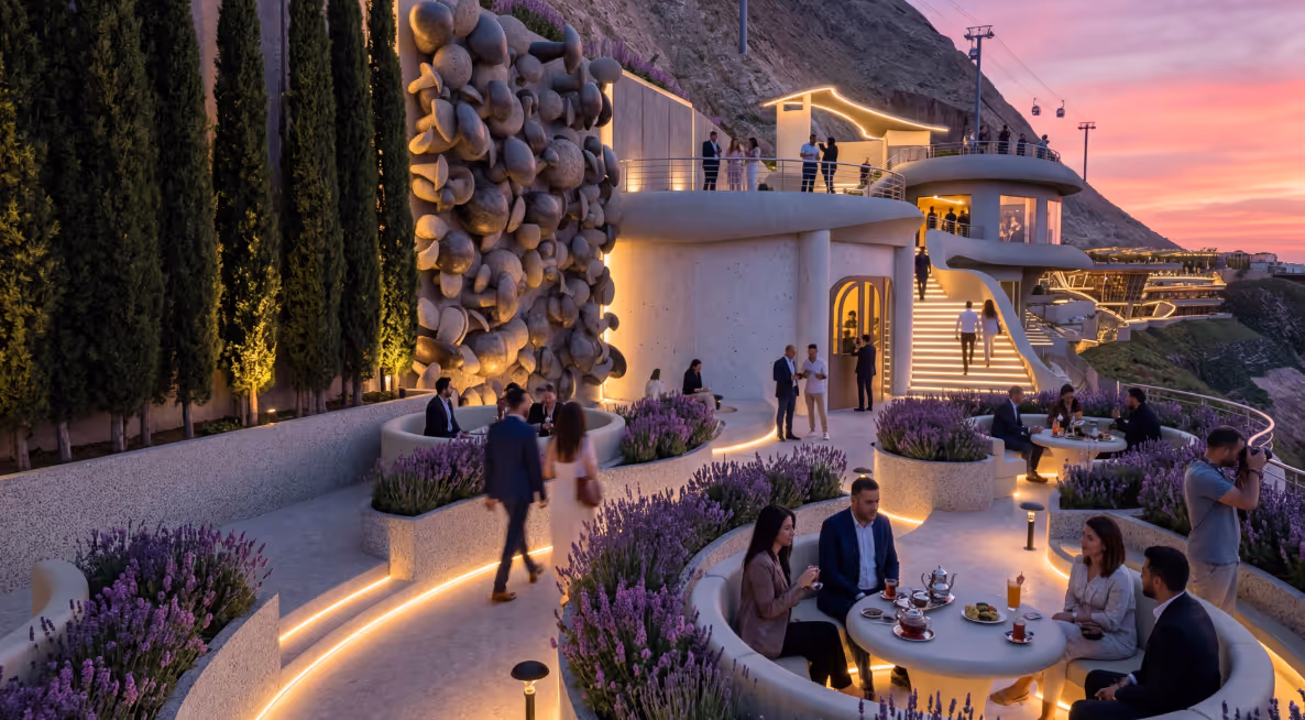Design rendering of the Mushroom World facility on the rocky mountain terrain