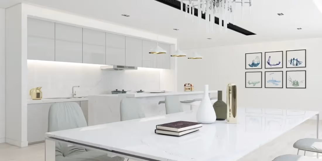 Calacatta Oro quartz slab with gold and grey veining