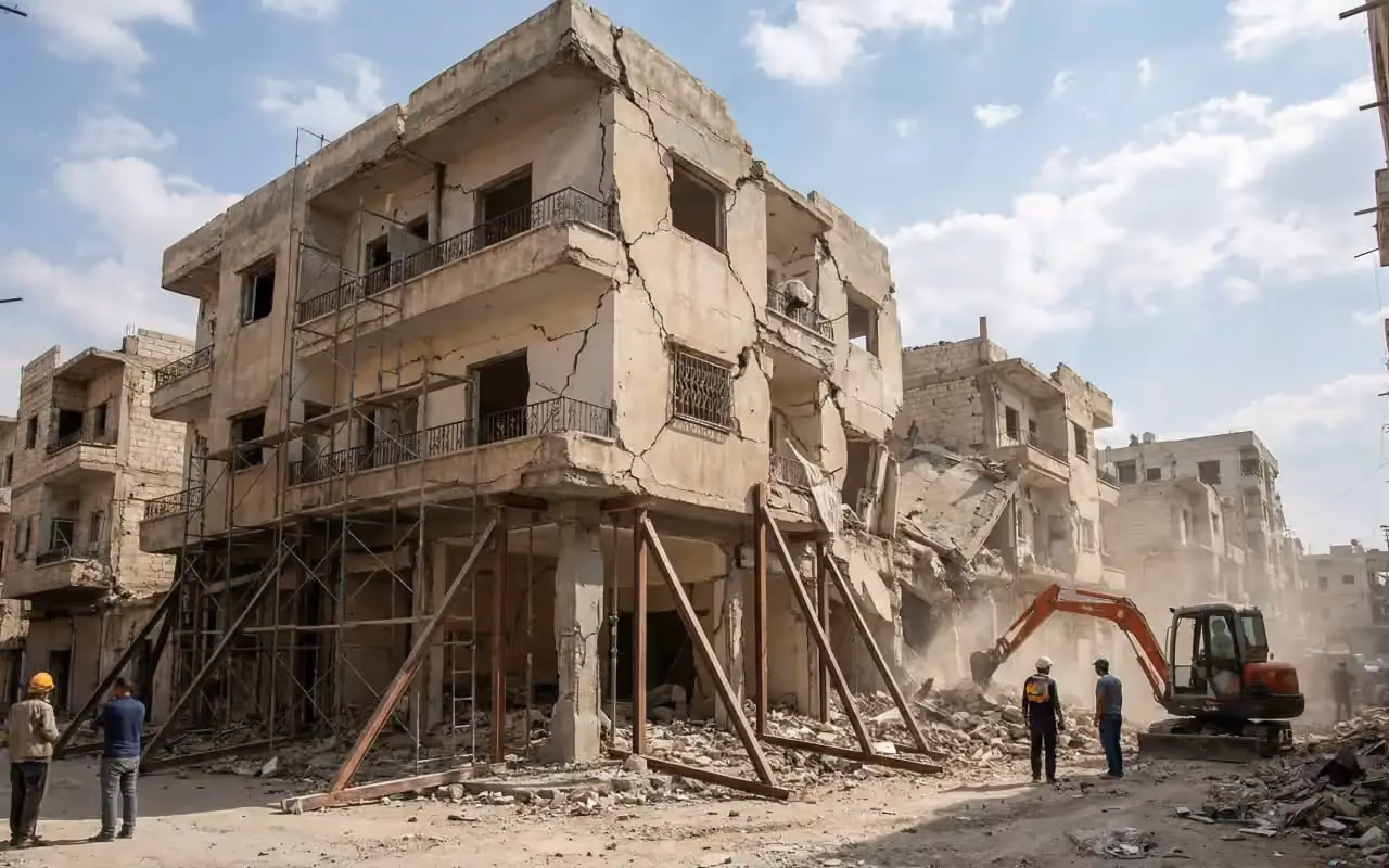 أعمال الهدم للأبنية المتصدعة مع التدعيم المؤقت في حلب