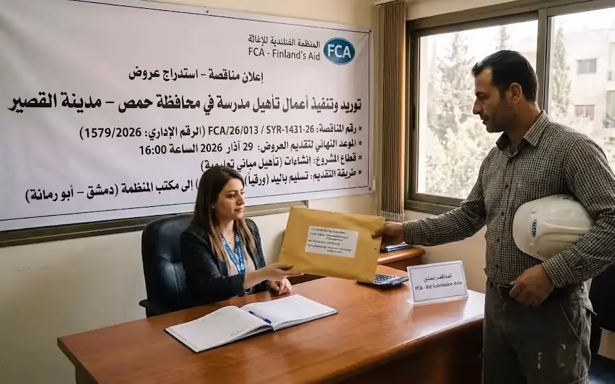 توريد وتنفيذ أعمال إعادة تأهيل المدارس في محافظة حمص - مدينة القصير.