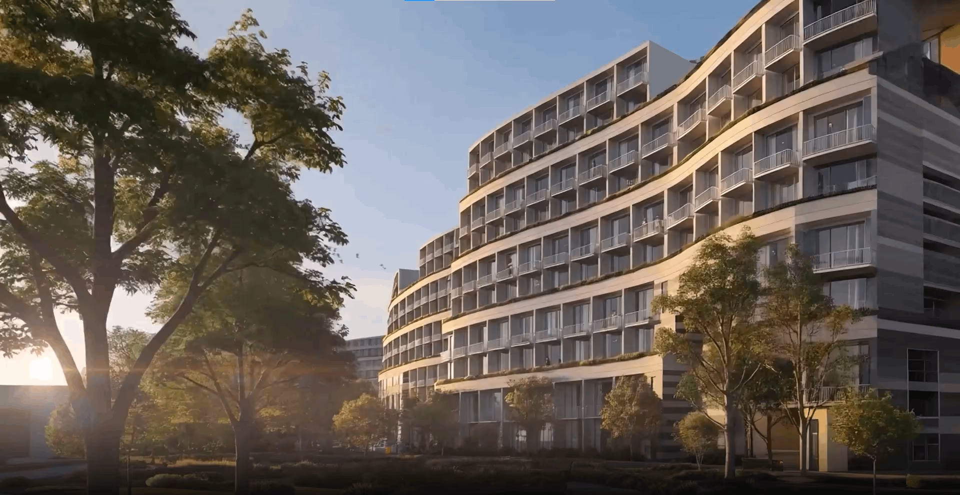 Concept rendering of a curved residential building with balconies among trees at sunset, Al-Naser Boulevard