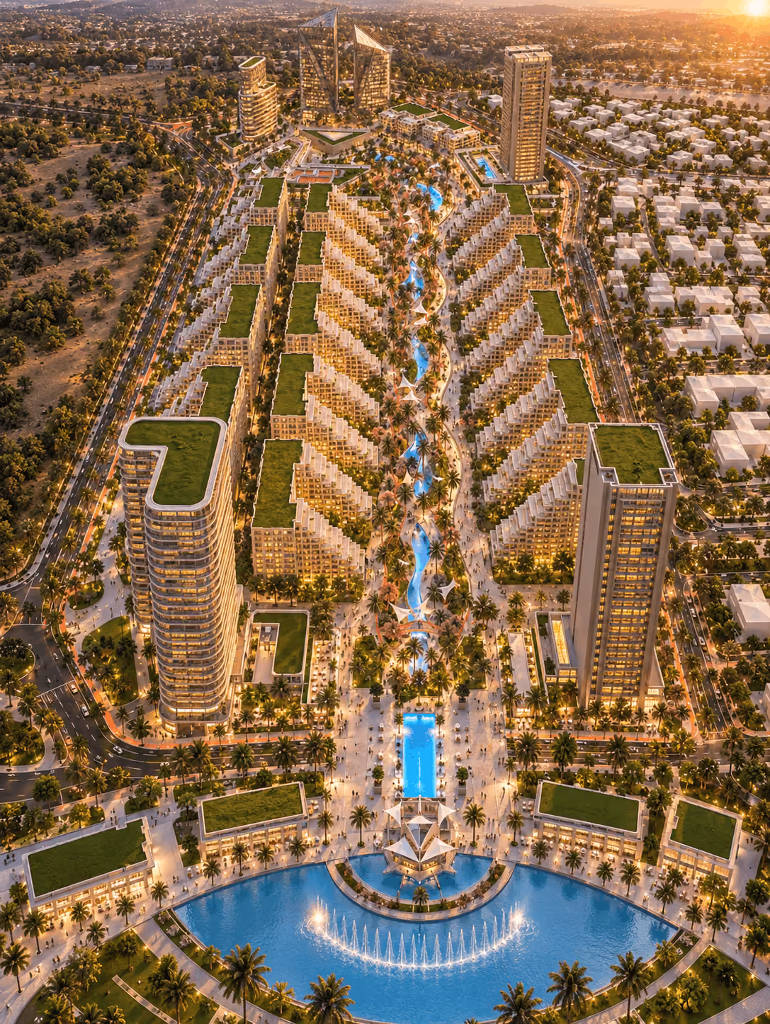 Aerial concept rendering of Al-Naser Boulevard looking along the central water channel toward a large fountain lake, with residential towers and terraced blocks on both sides